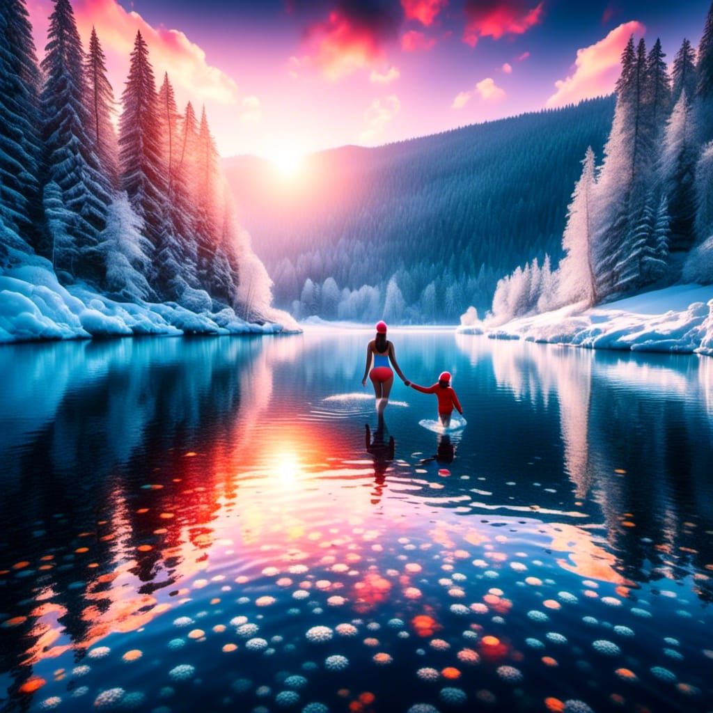 New Year's Dive: Mother and Child in Winter Lake