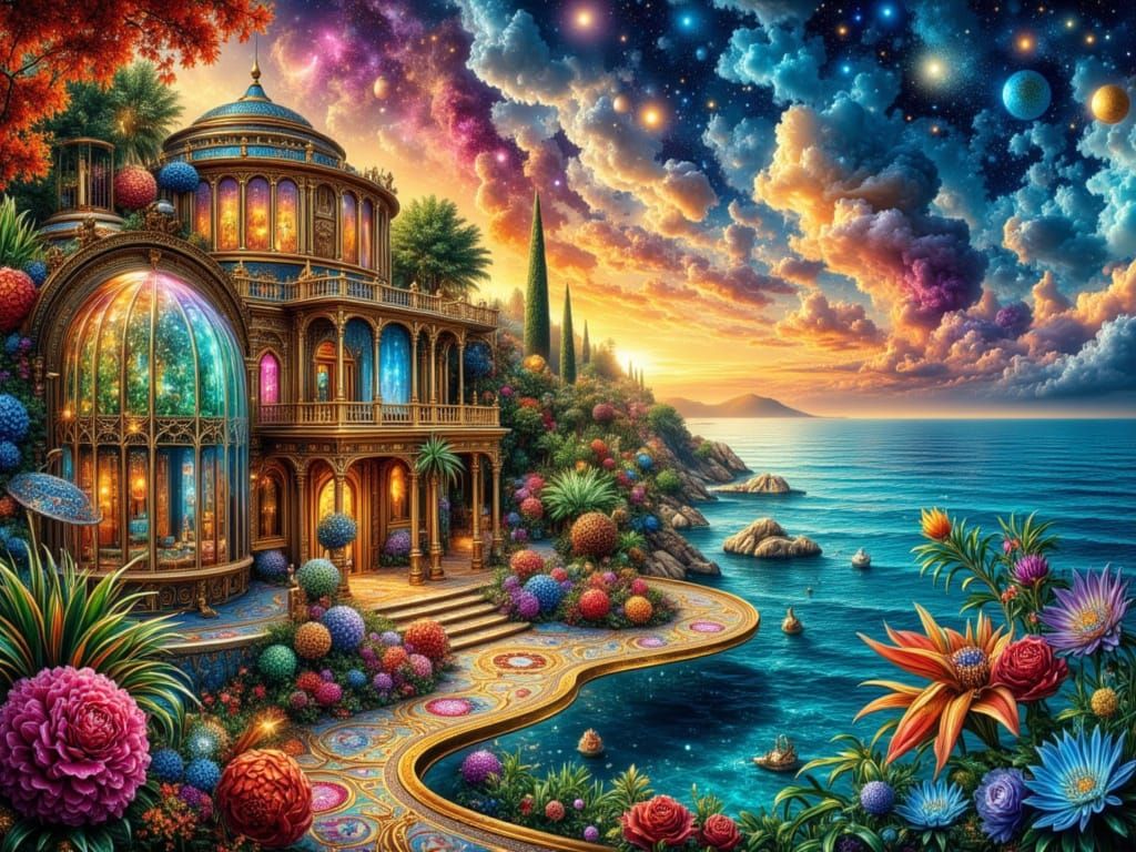 Exotic Italian Villa by Mediterranean Sea in Golden Hour Lig...