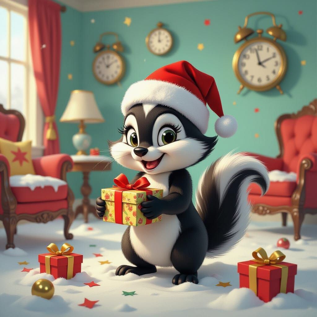 1950s Skunk in Santa Hat with Confetti and Surreal Living Ro...