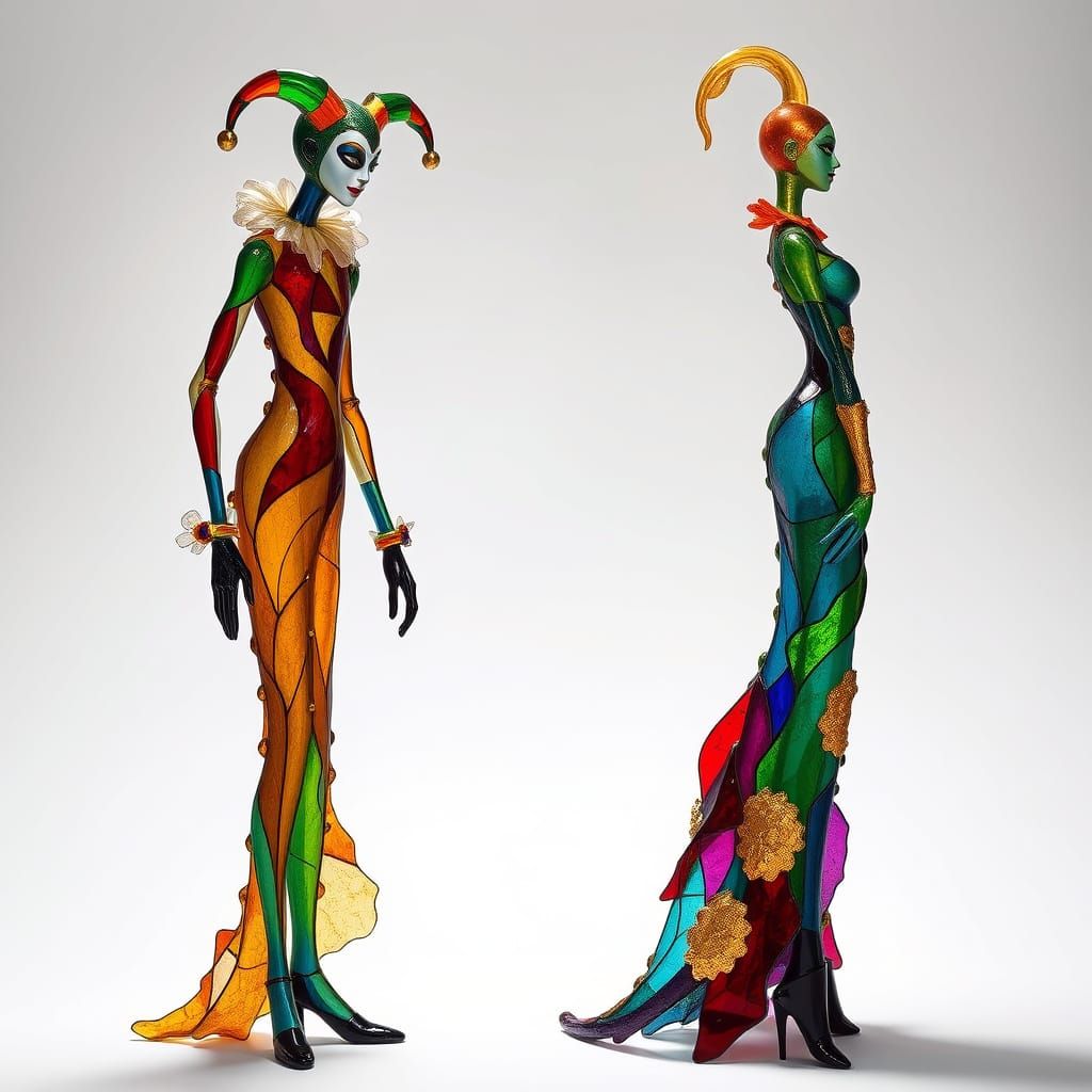 Harlequin and Columbine in Vibrant Melted Glass