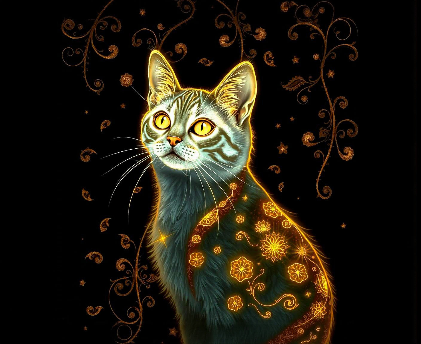 Bioluminescent Cat with Golden Filigree Design