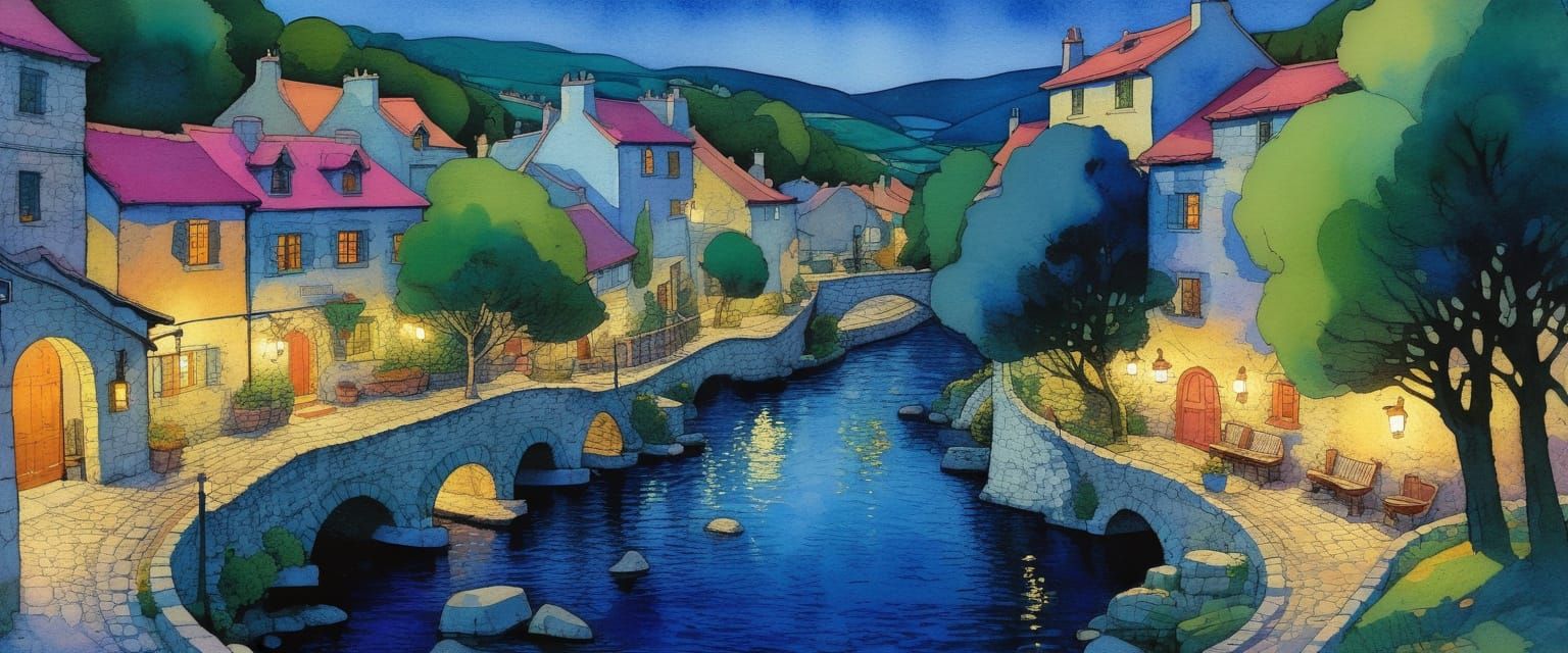 Stone Buildings and Creek in Comic Book Style