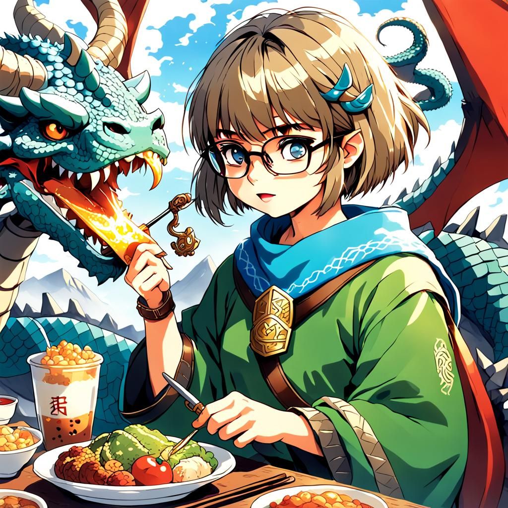 Cute Viking Woman Feeding Dragon in 80s Anime Style