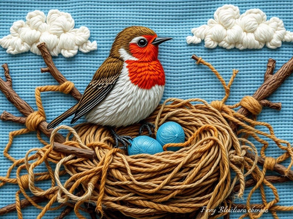 Embroidered Robin Needlepoint with Nest and Blue Eggs