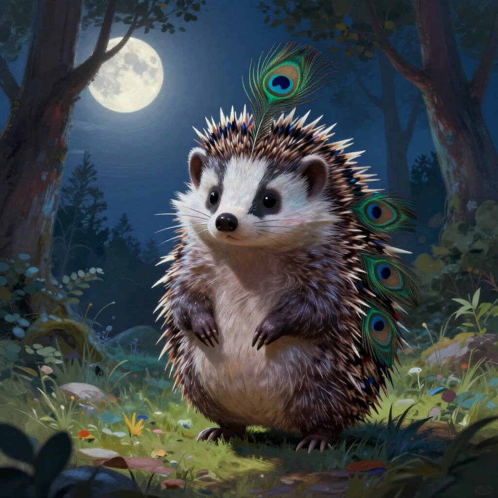 Whimsical Hedgehog-Badger-Peacock Hybrid in Moonlit Forest