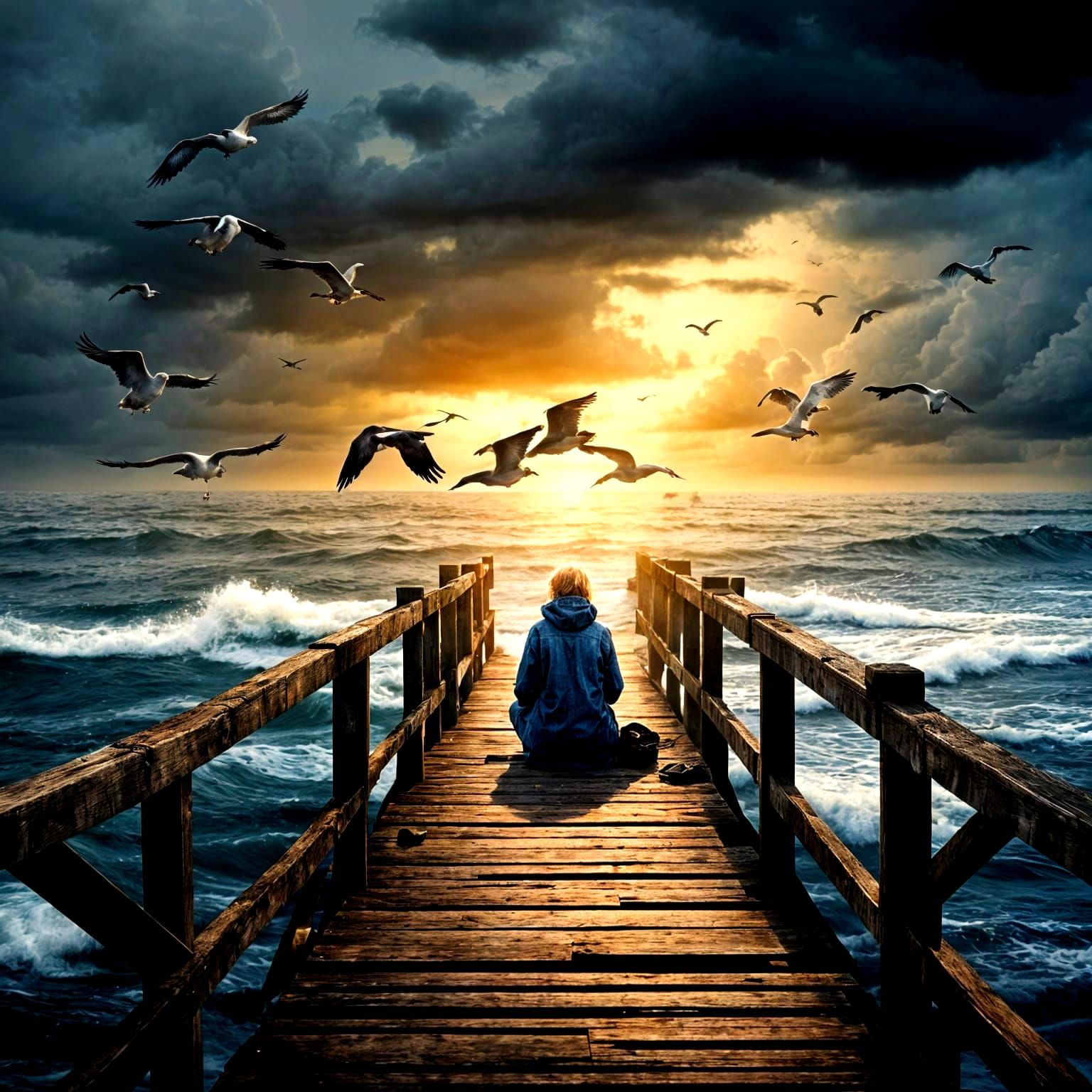 Woman on Decaying Jetty at Sundown