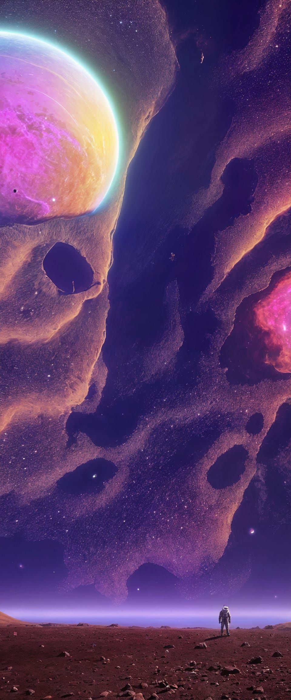 Cosmic Voyager Amidst a Swirling Nebula