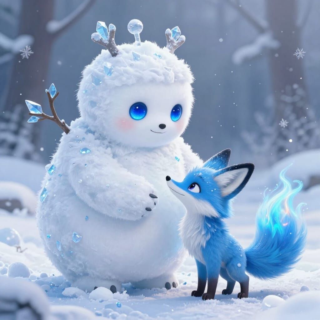 Snow Golem and Blue Fox in Winter Wonderland