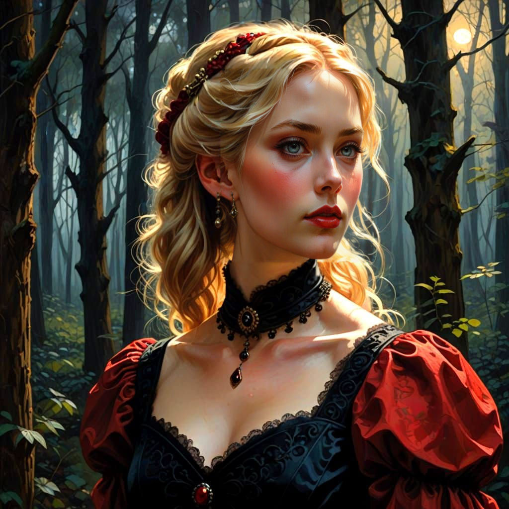 Victorian Woman in Moonlit Forest, Oil Painting