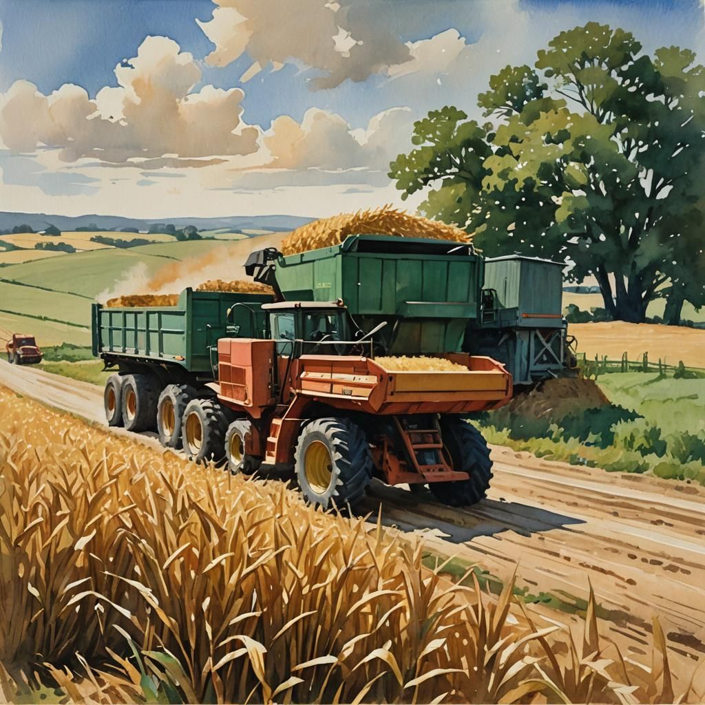Harvester Unloading Grain as Gouache Watercolor Painting