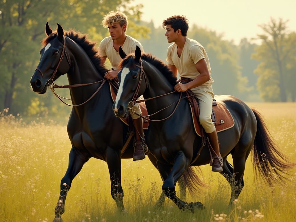 Two Young Men Share a Tender Moment on Horseback