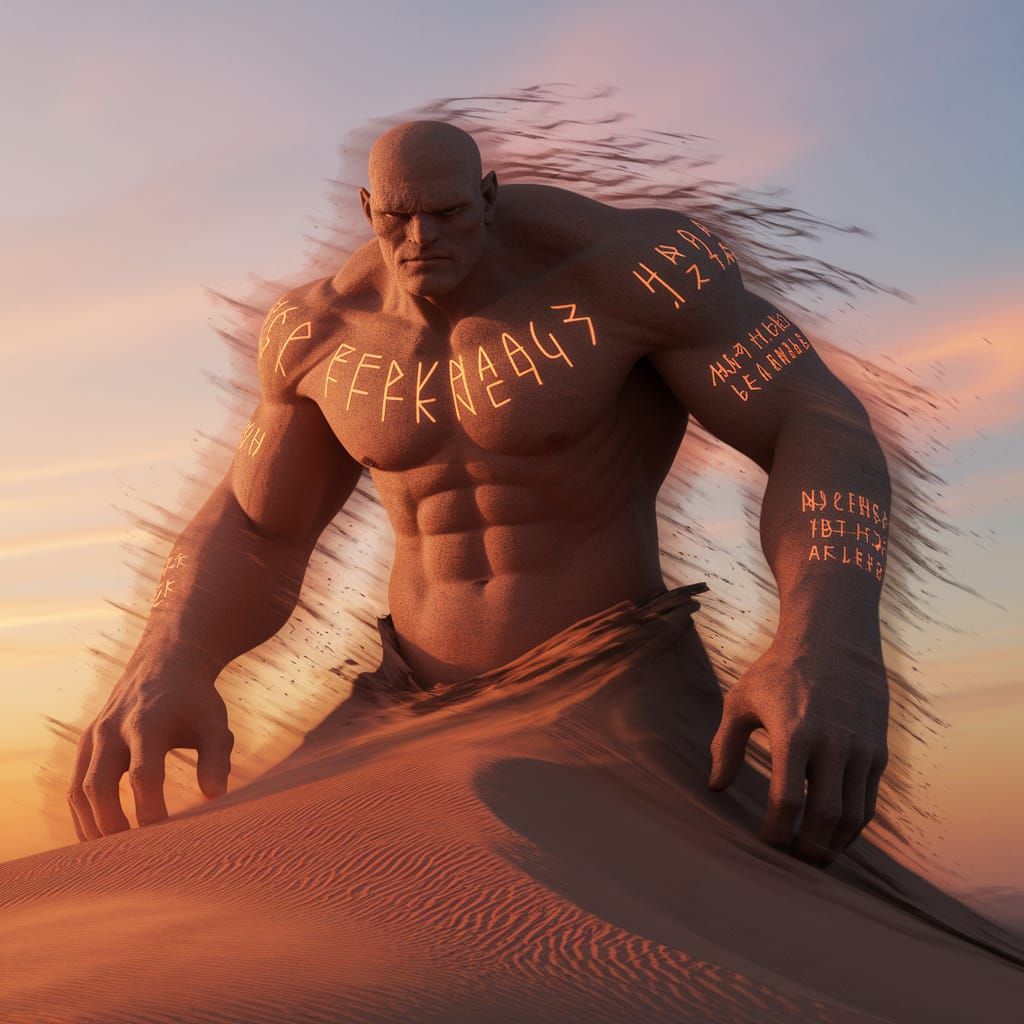 Colossal Sand Golem Emerges from Golden Dunes at Sunset