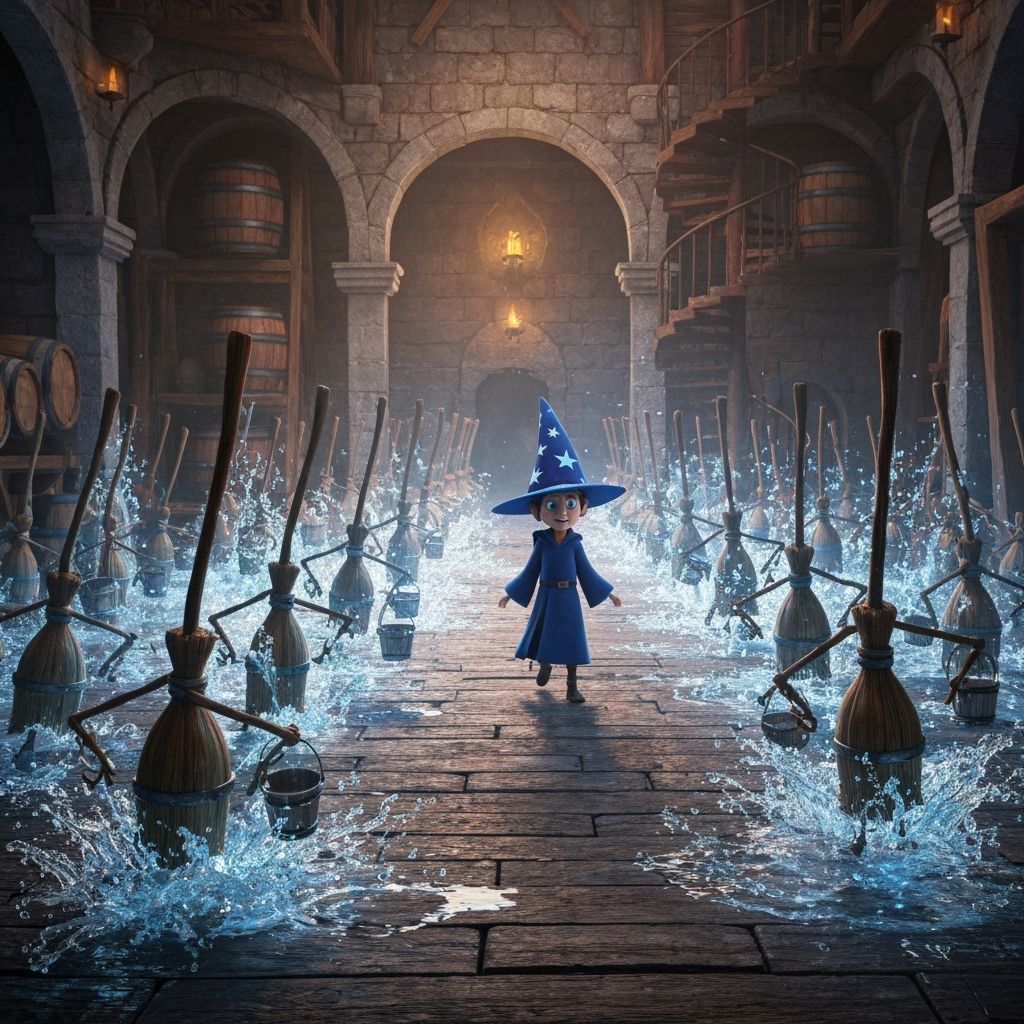 Magical Workshop Chaos: Broom Army Overwhelms Apprentice Wiz...