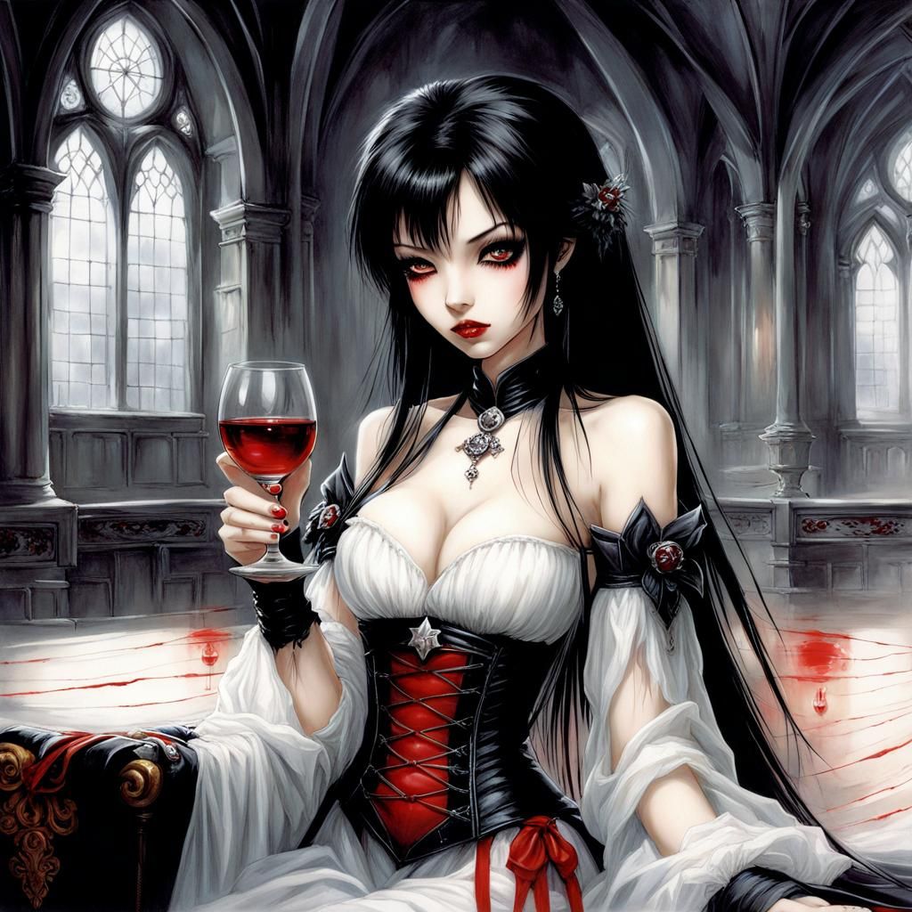 Chibi Vampire Girl Drinking Blood, Luis Royo Style