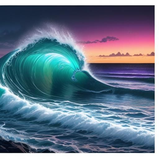 Neon Bioluminescent Waves at Night: Digital Art