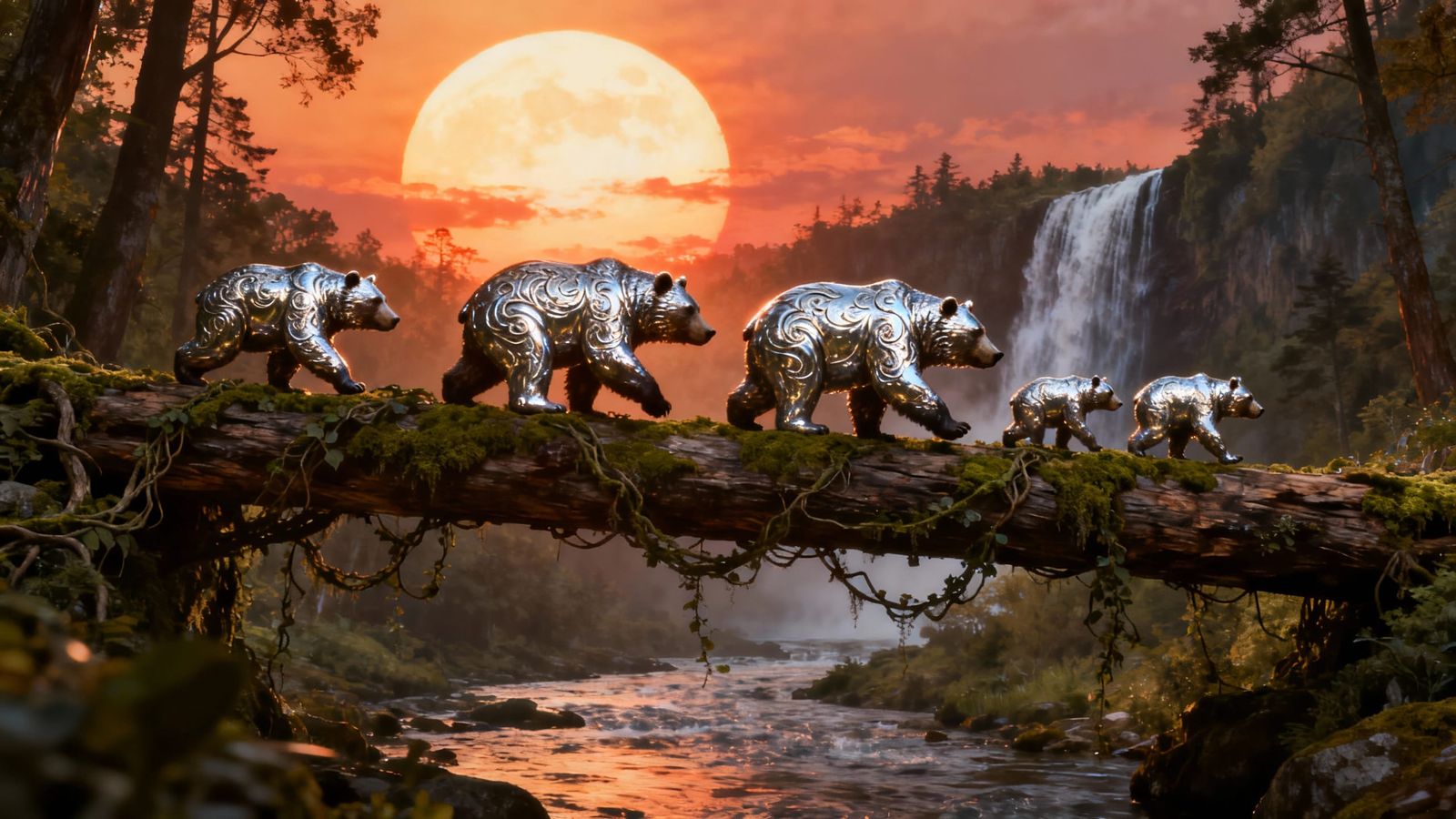 Metallic Embossed Bears Cross Log Bridge in Sunset Forest