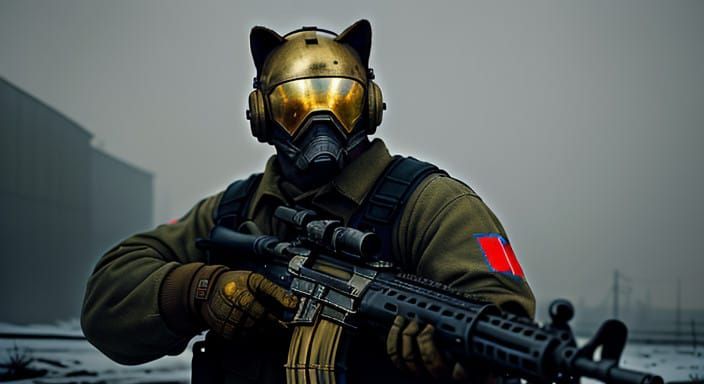Russian Cat in Futuristic Soviet Helmet with AK-47