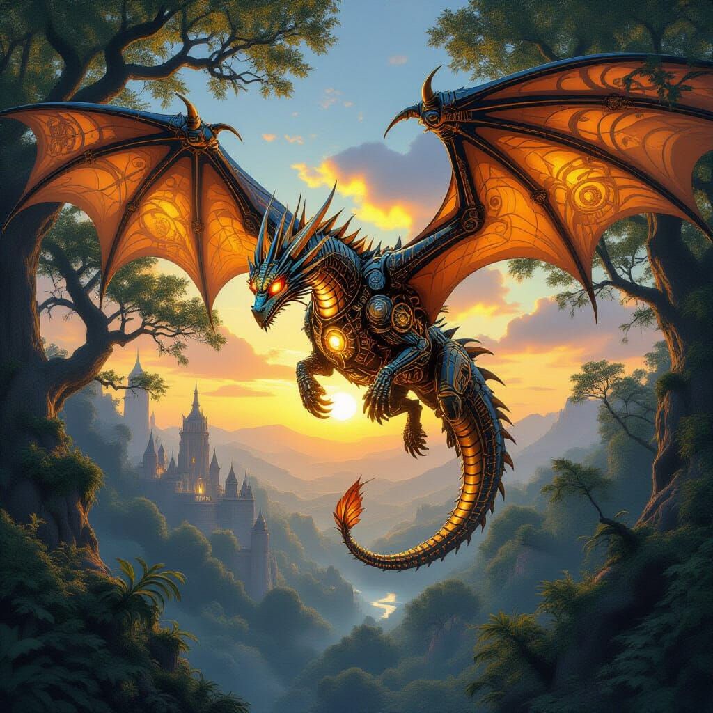 Clockwork Dragon Soars Over Ancient Forest at Dawn