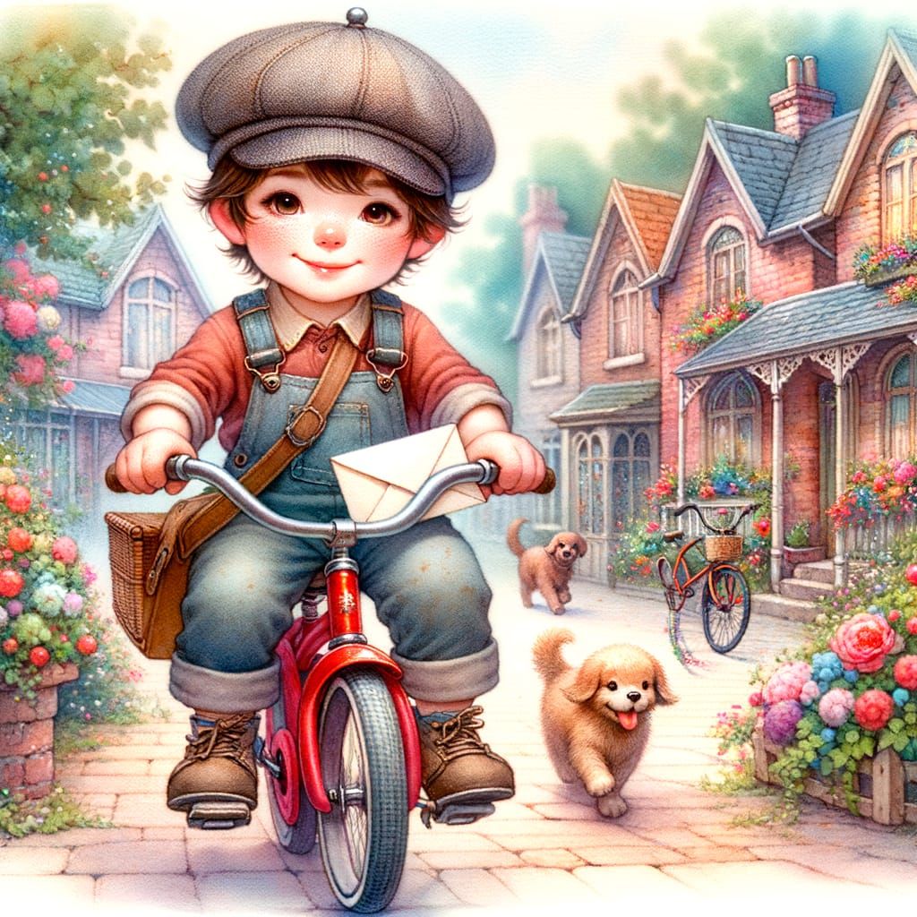 Charming Storybook Boy Rides Bicycle Through Blooming Neighb...