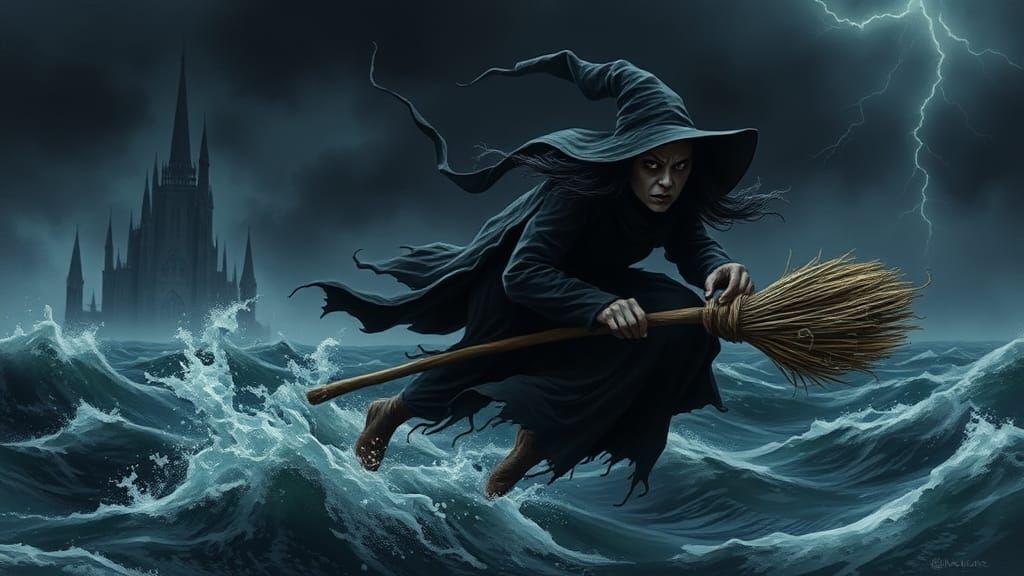 Black Witch Soaring Through Storm as Impasto Painting