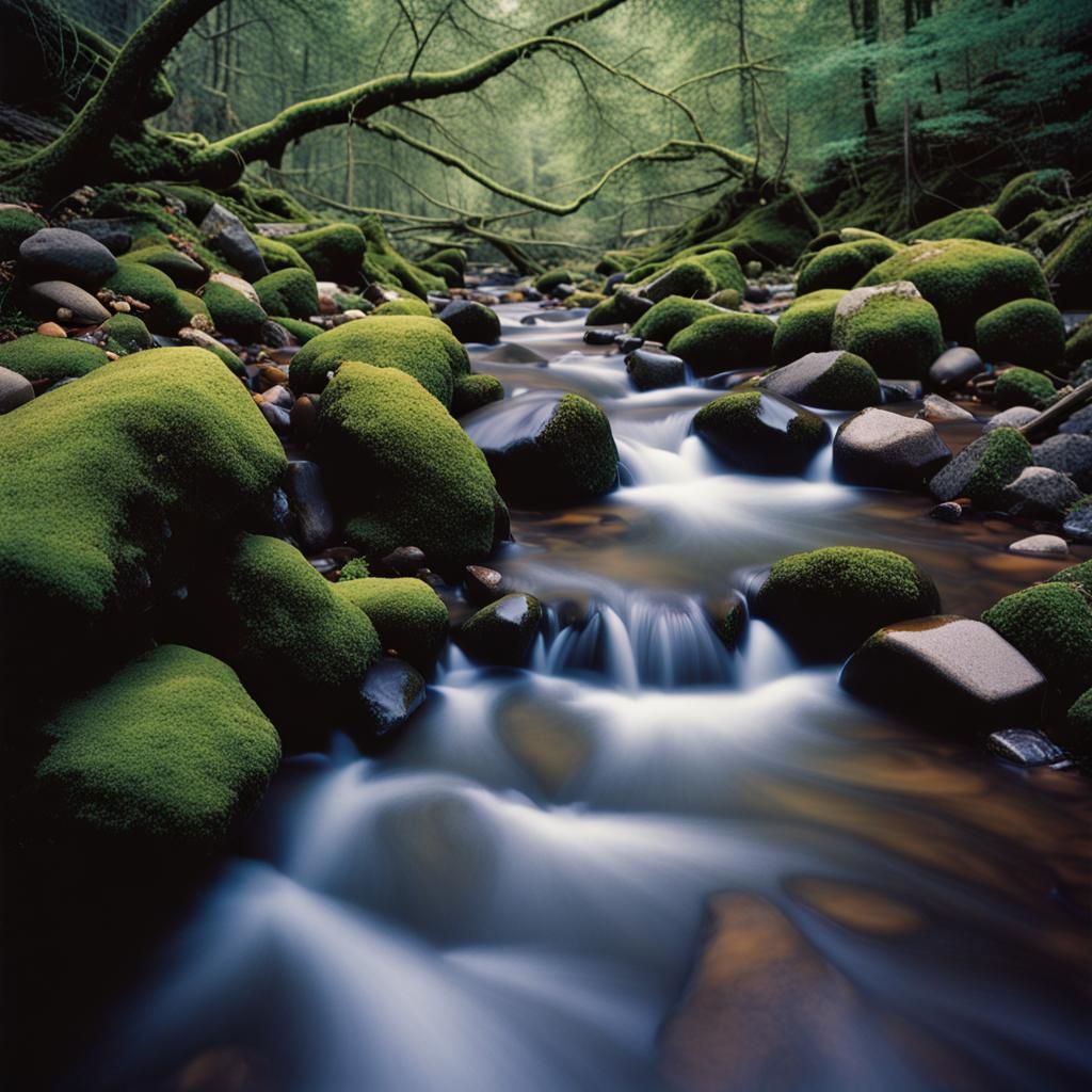 A hyperrealistic photographic scene of a beautiful fast flowing stream of clear water