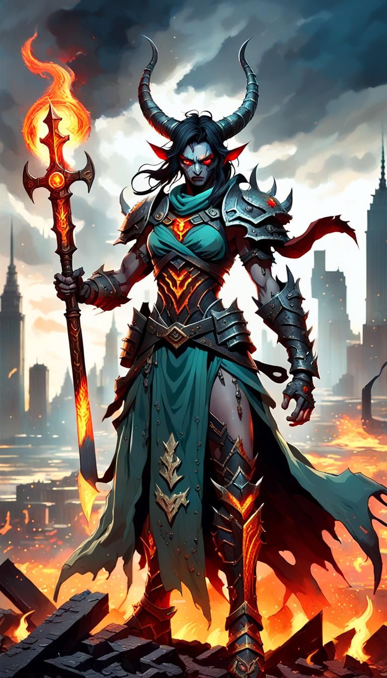 Epic Female Demon with Flaming Sword in Ruined City