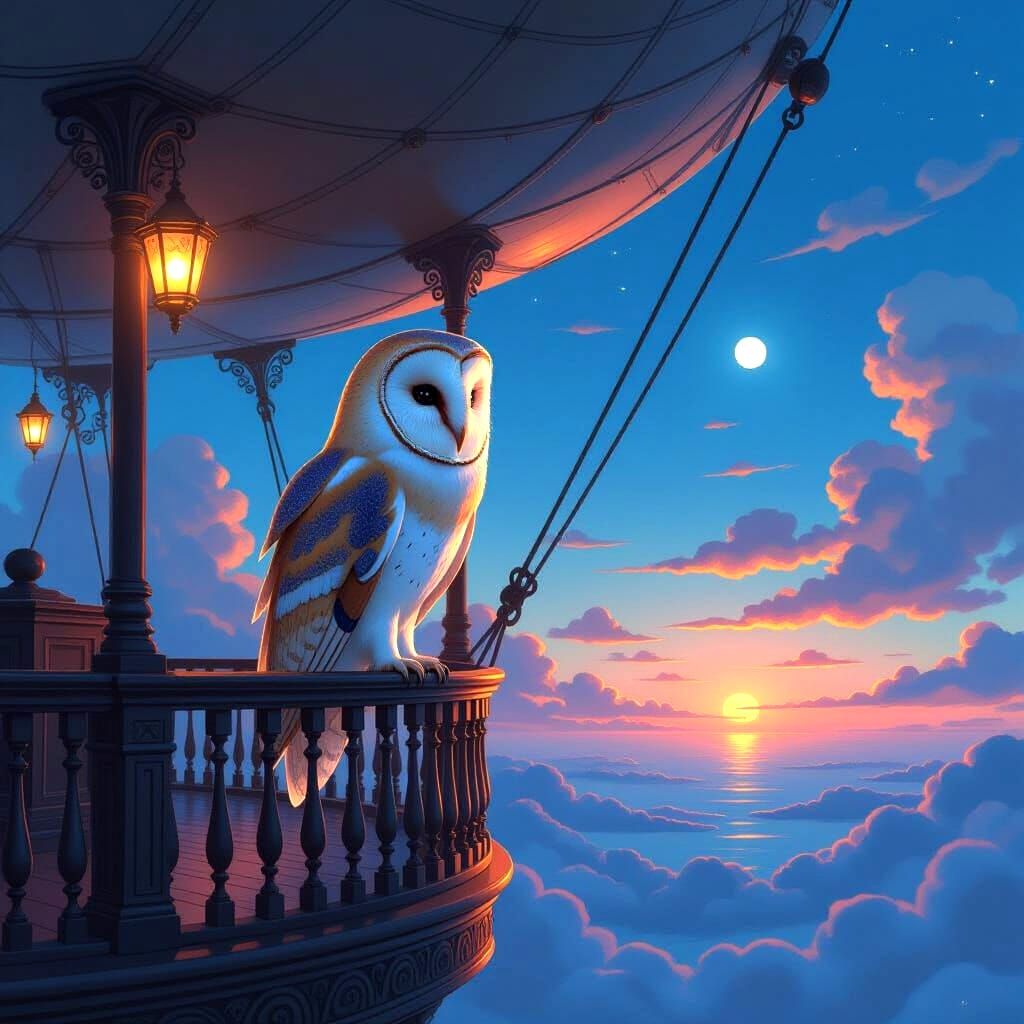Barn Owl on Ornate Airship in Twilight Sky Digital Painting