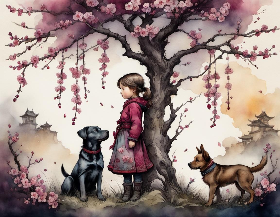 Girl and Puppy under Plum Tree, Ink and Watercolor