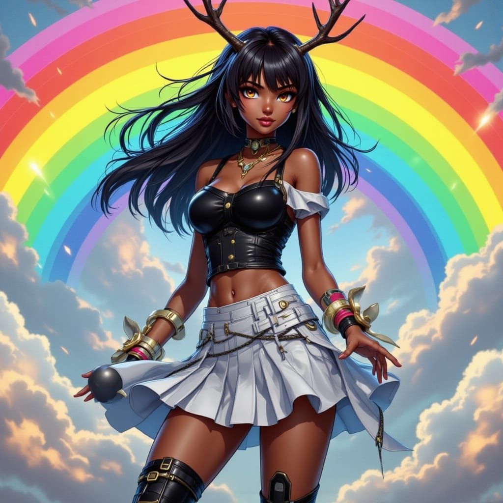 Woman with Antlers on Rainbow, Digital Painting Style