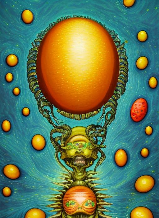 Lemon and Egg Aliens with Dentures: Oil on Canvas
