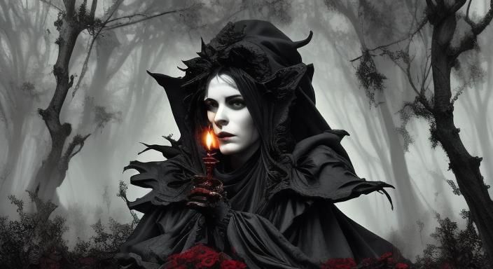 Baroque Woman with Candle in Dark Forest
