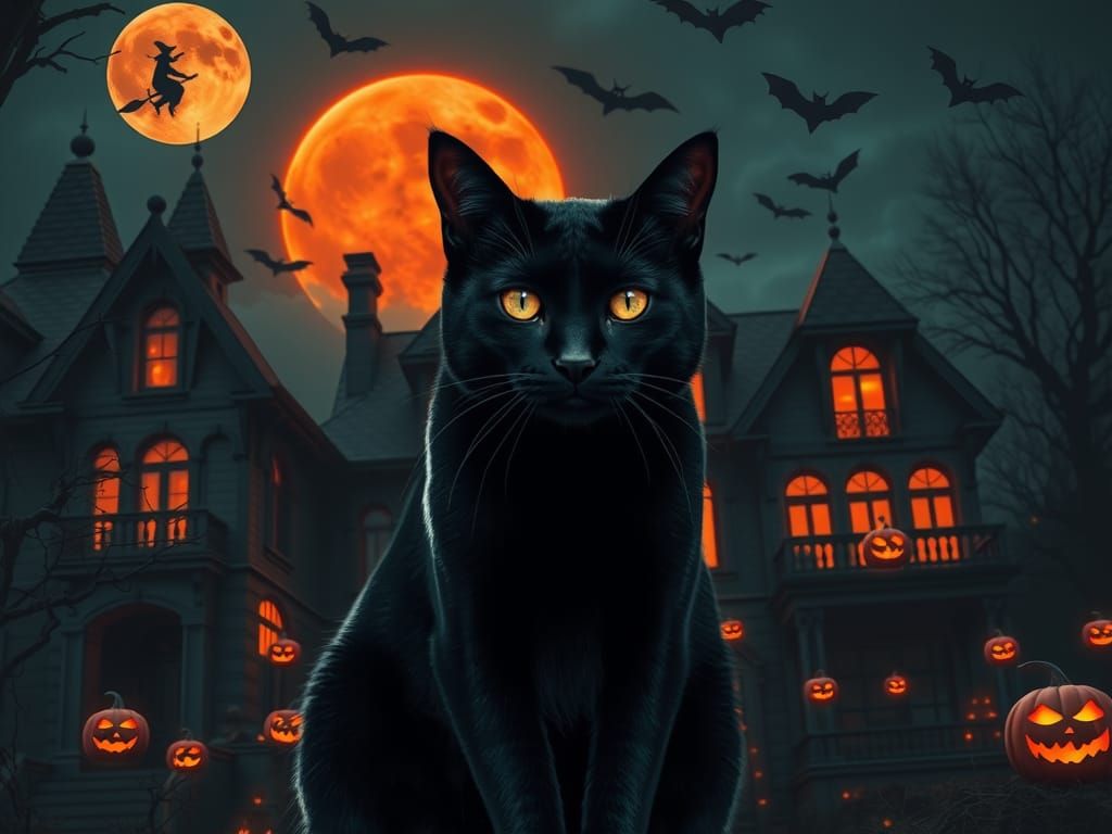 Black Cat Halloween Night, in a Dark Art Style