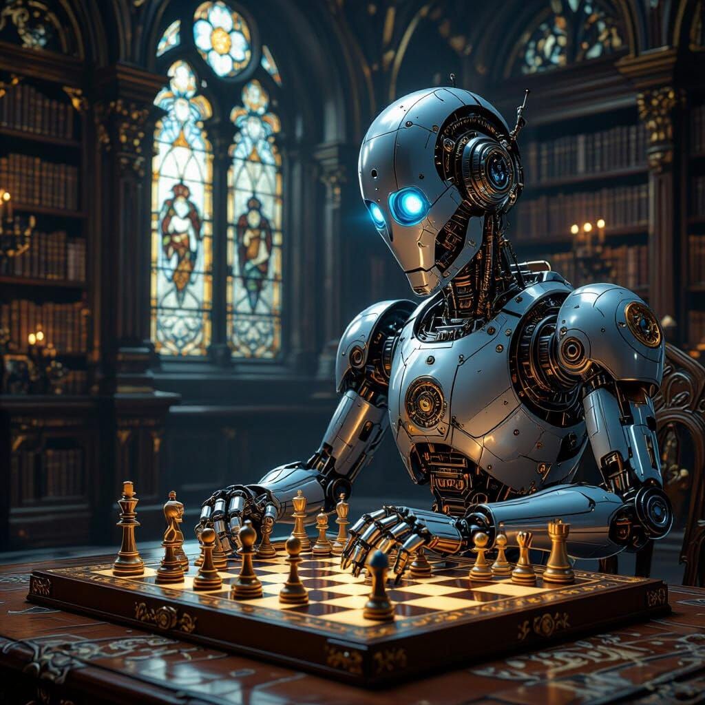 Robot Chess Player in Gothic Hall, Art Nouveau Style