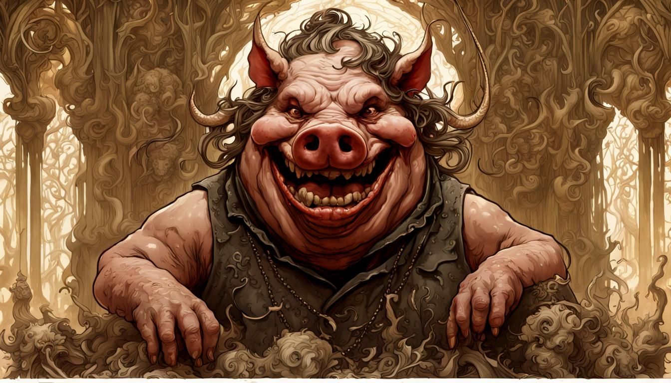 Sinister Demon Pig in Art Nouveau Style