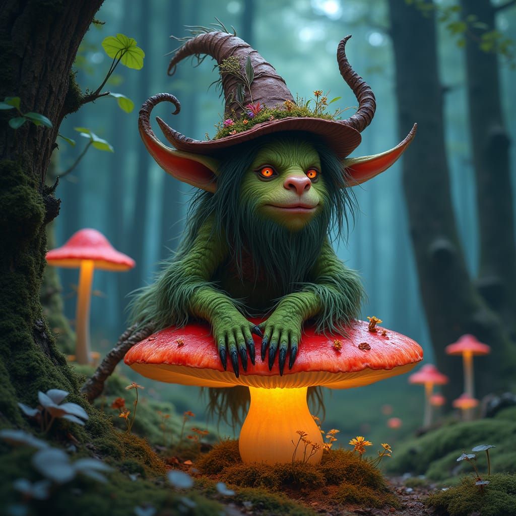 Enchanted Forest Troll on Mushroom with Stylish Hat
