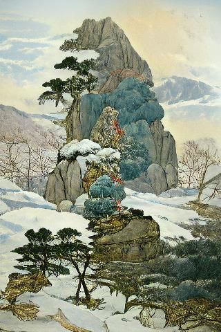 Snowy Mountain Landscape in Shin Hanga Style