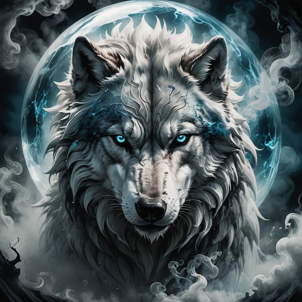 Mystical White Wolf in Smoky Sphere: Dark Fantasy Art