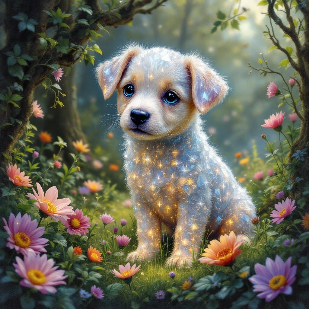 Luminous Crystal Puppy in Whimsical Forest Realm