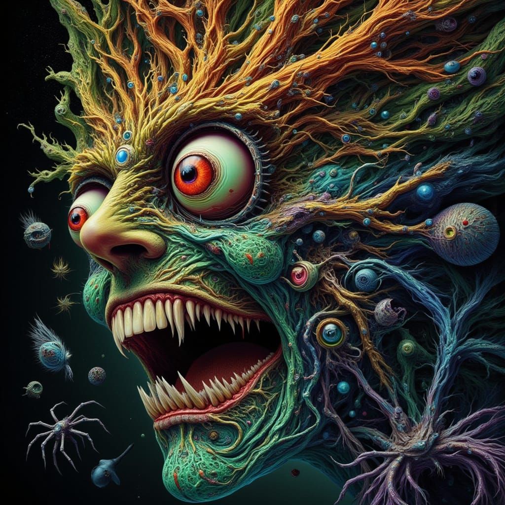 Fractal Faced Man Grins in Dark Room with Spider