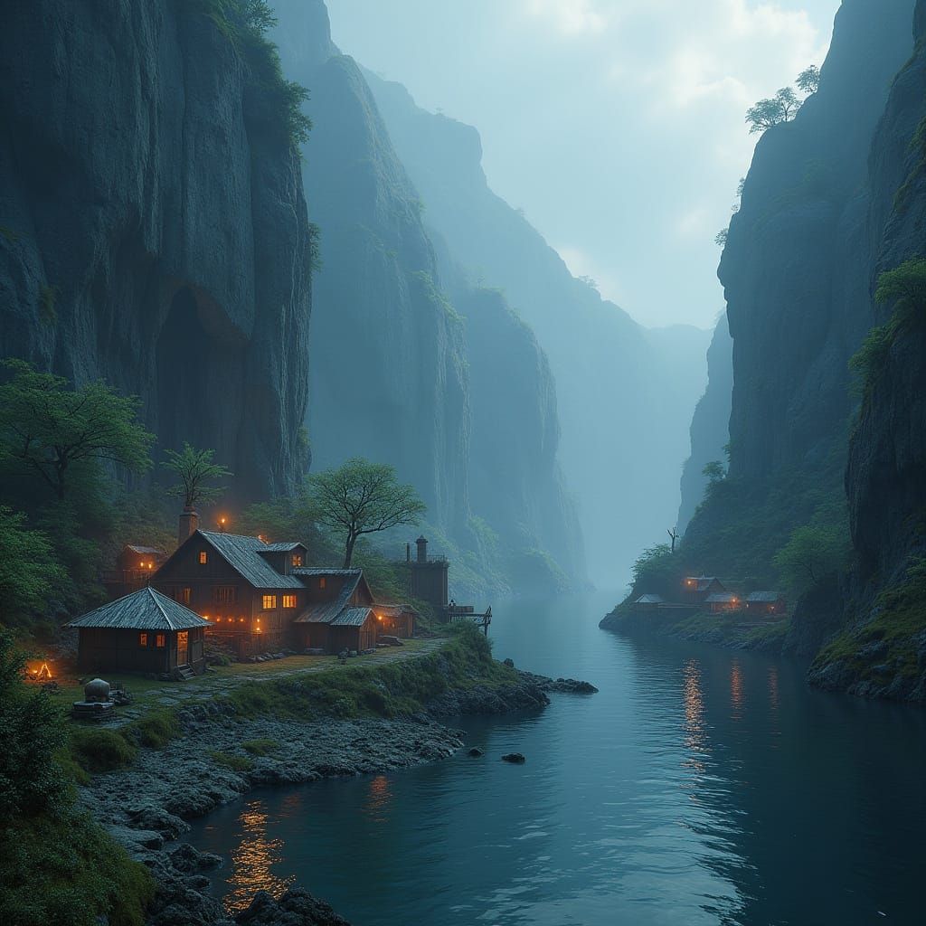 Ancient Fjord Village with Primitive Dwellings and Harbor