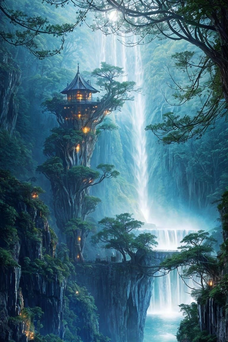 Magic Tree Landscape with Waterfall at Night