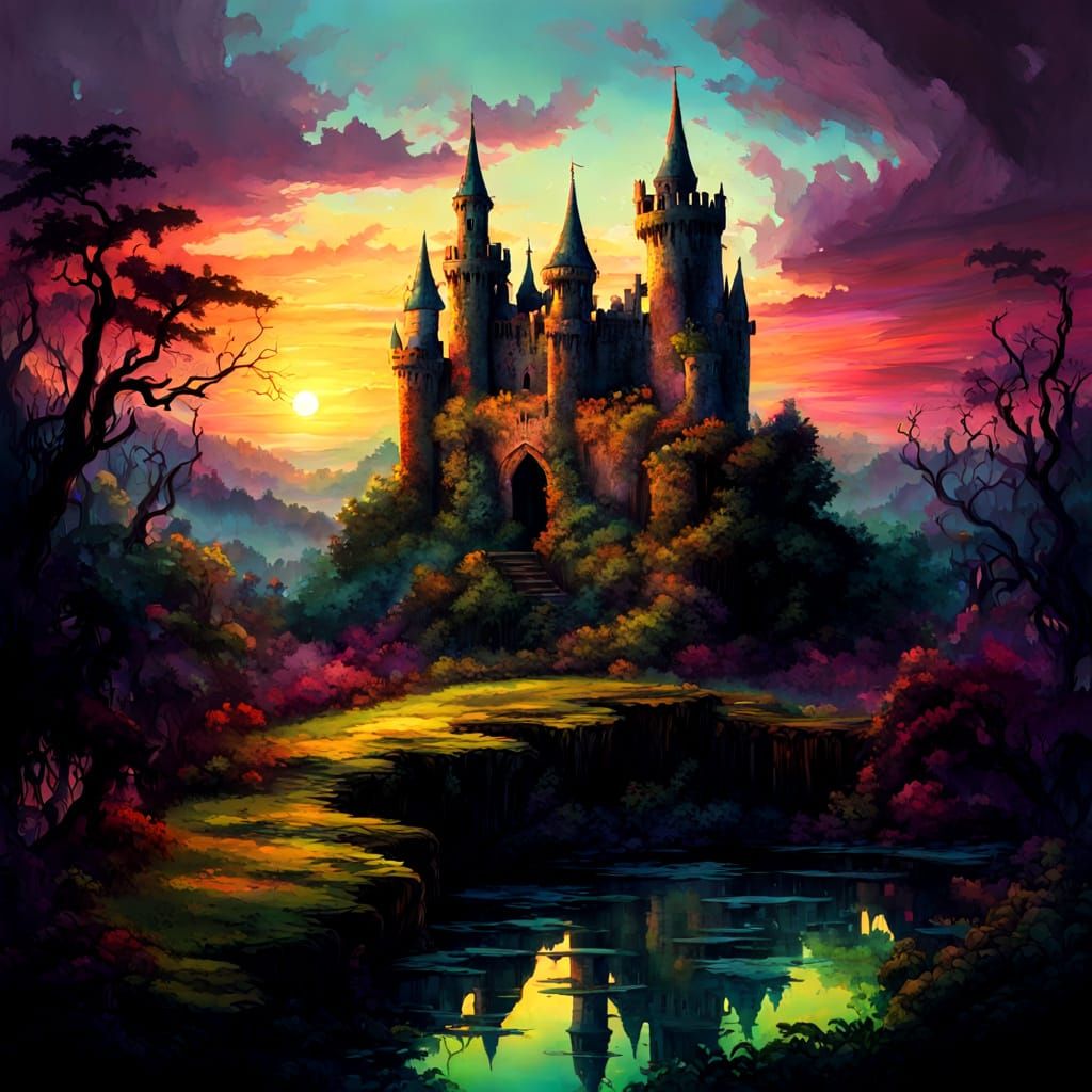 Surreal Sunset Castle Ruins in Vibrant Oil Paint Style