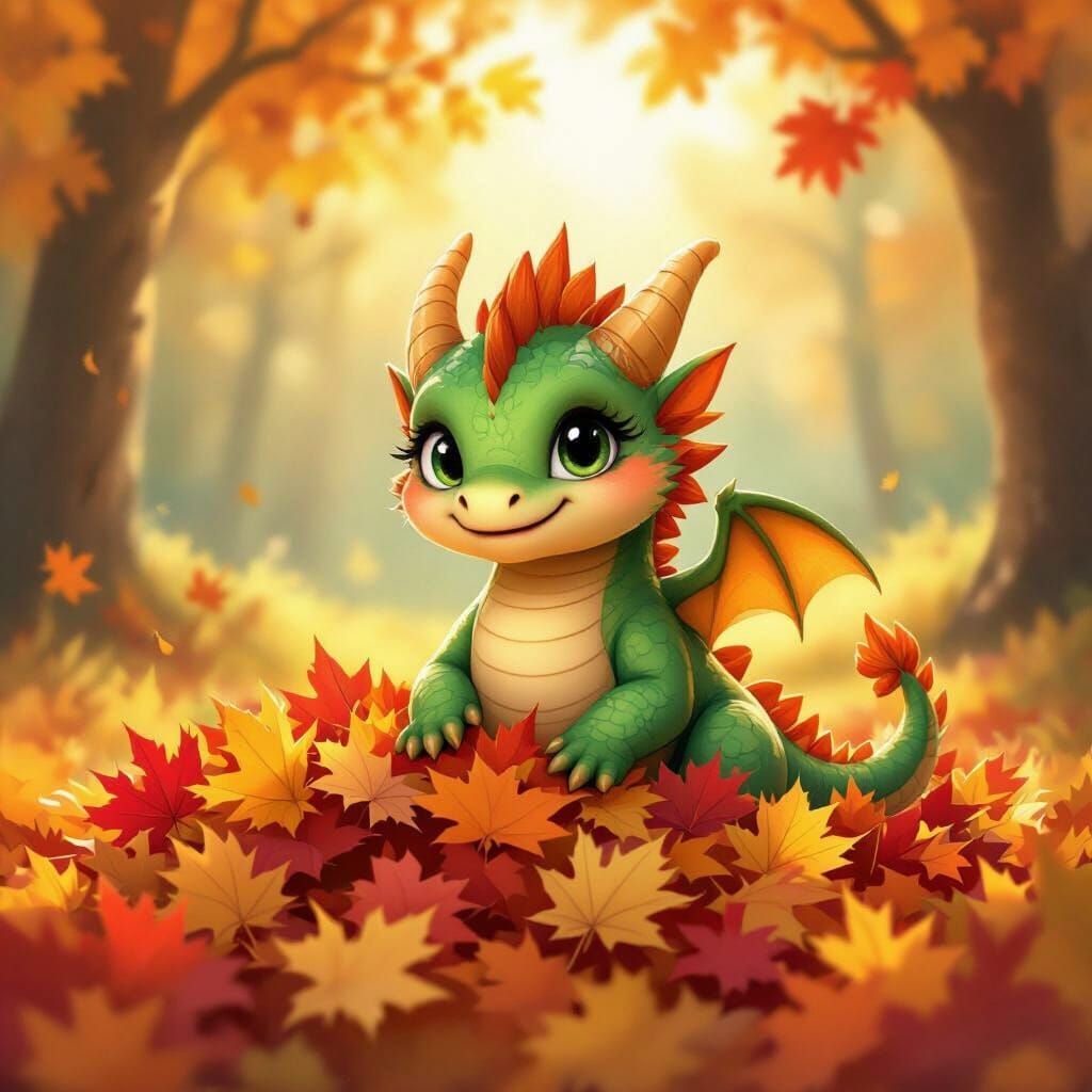 Cute Baby Dragon Playing in Fall Leaves
