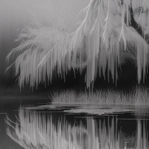 Ethereal Willow Pond in Intricate Scratch Art Style