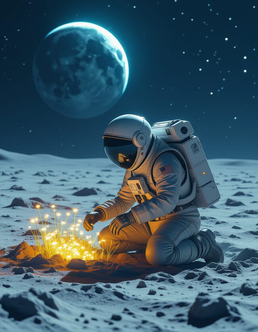 Astronaut Tends Alien Garden on Moon, Earth Shines