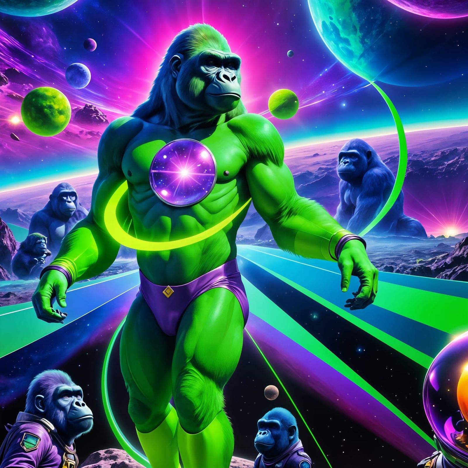 Cosmic Gorillas in Hyperrealistic Astral Illustration