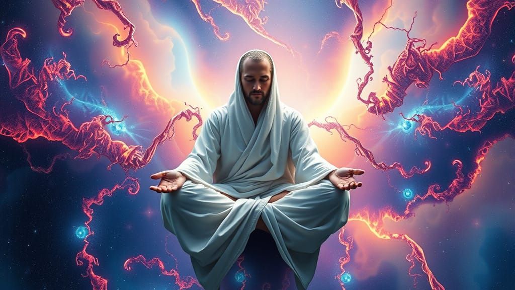 Ethereal Figure in Cosmic Nebula, Shrouded in Volumetric God...