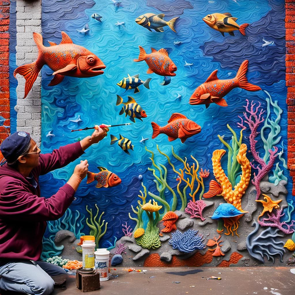 Claymation Artist Paints Underwater Scene on Brick Wall