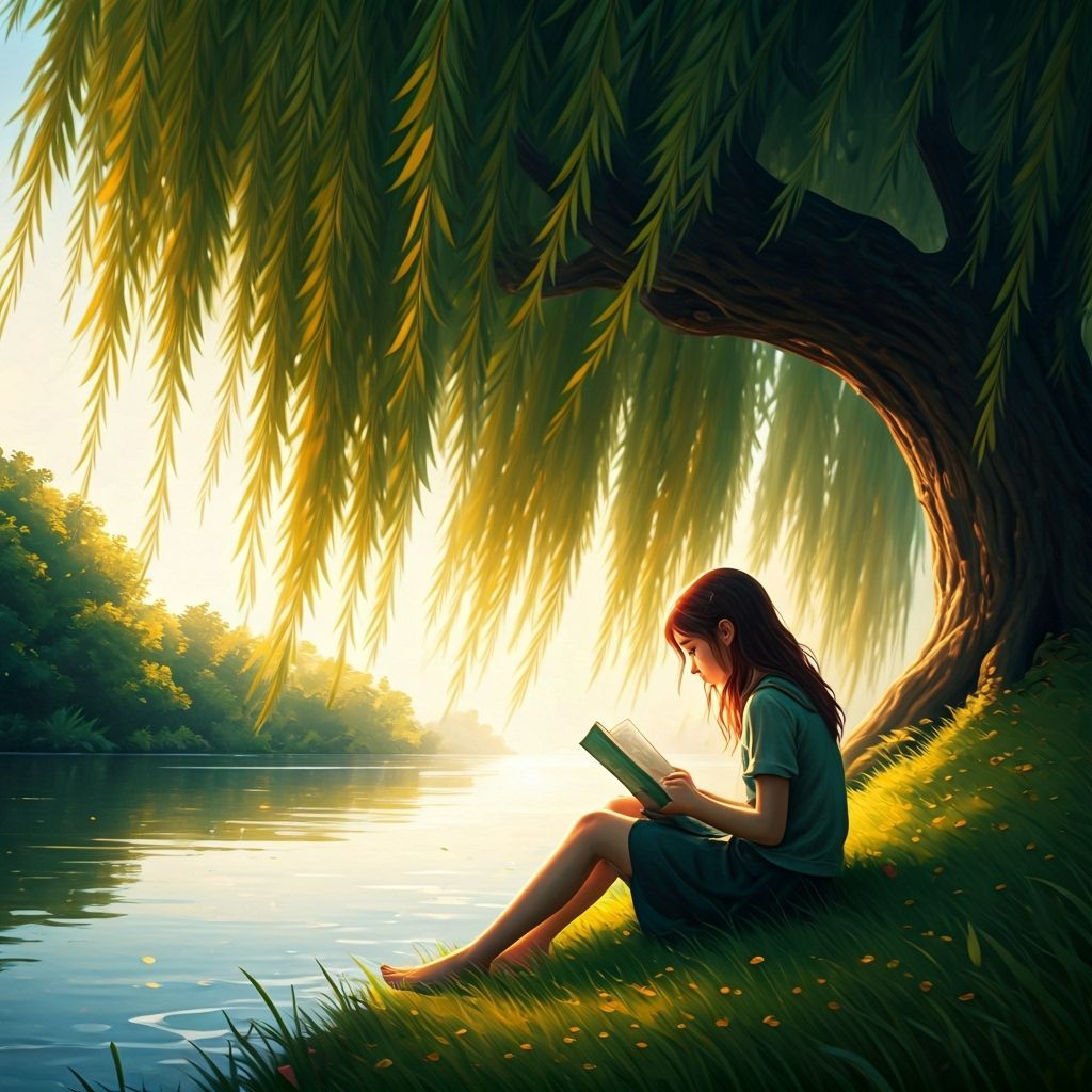 Girl Reading by River in Soft Watercolor Style