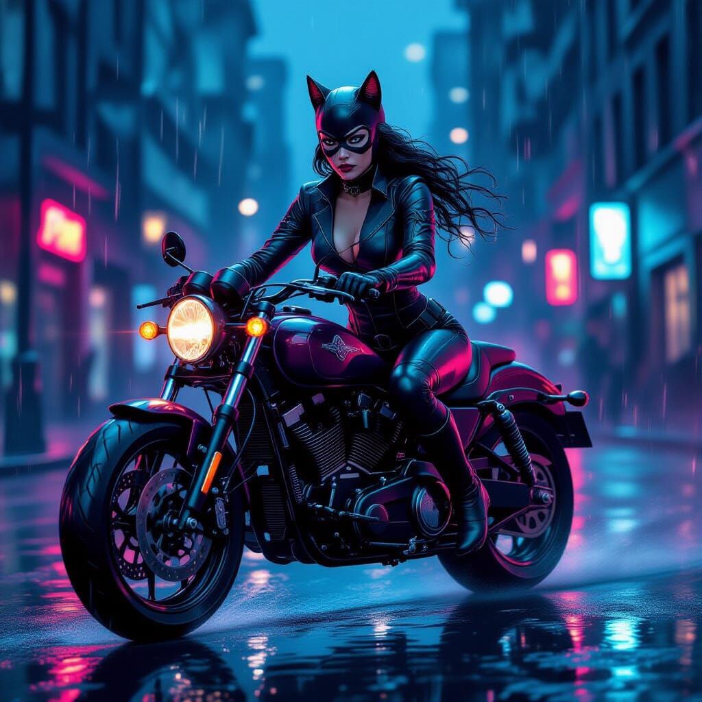 Catwoman Rides Motorbike on Neon Gotham Streets Oil Painting